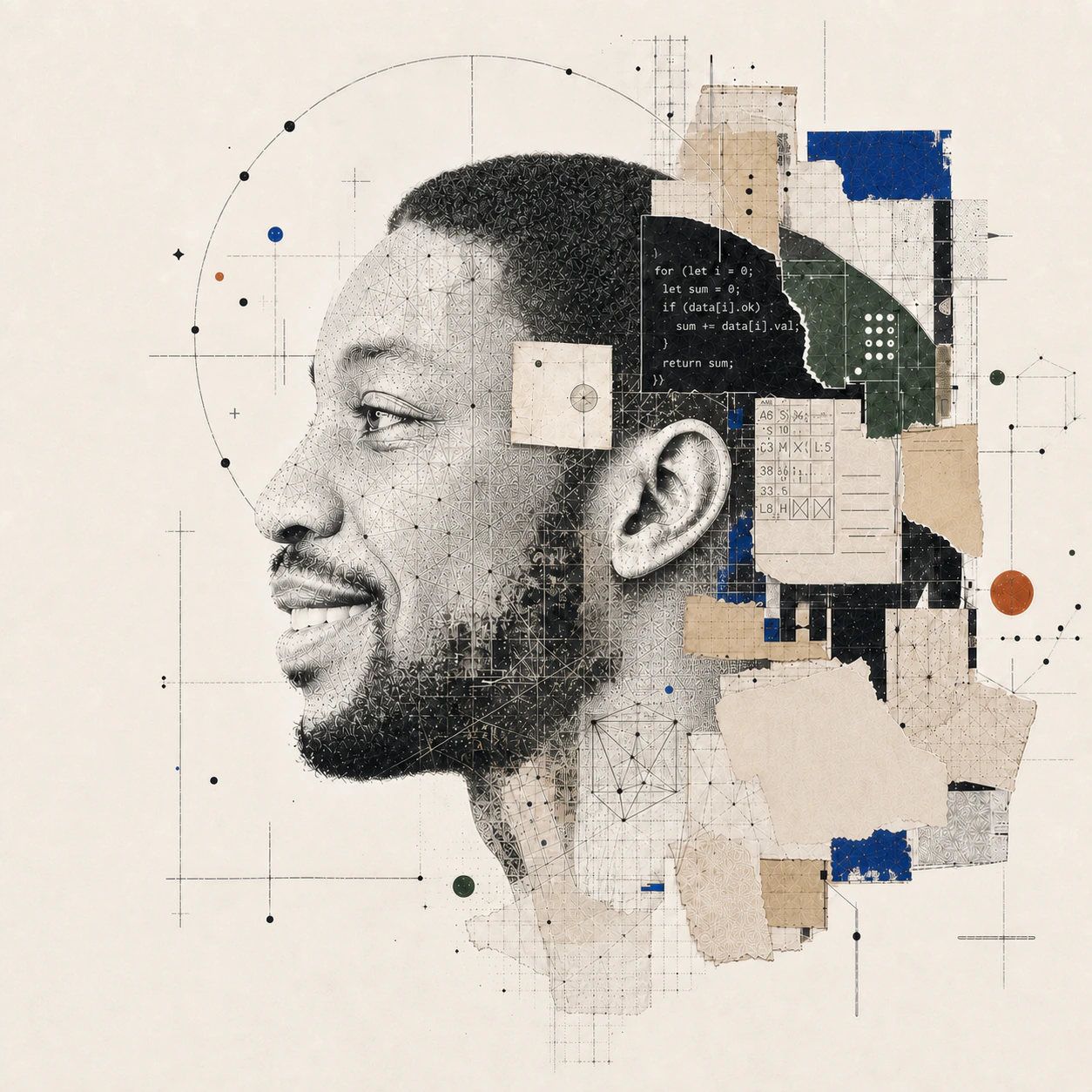 Left-facing portrait of David Mansaray constructed from ink, graph lines, code, and torn paper